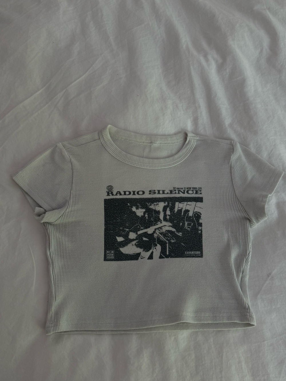 White Ribbed 'Radio Silence' Graphic Crop Tee